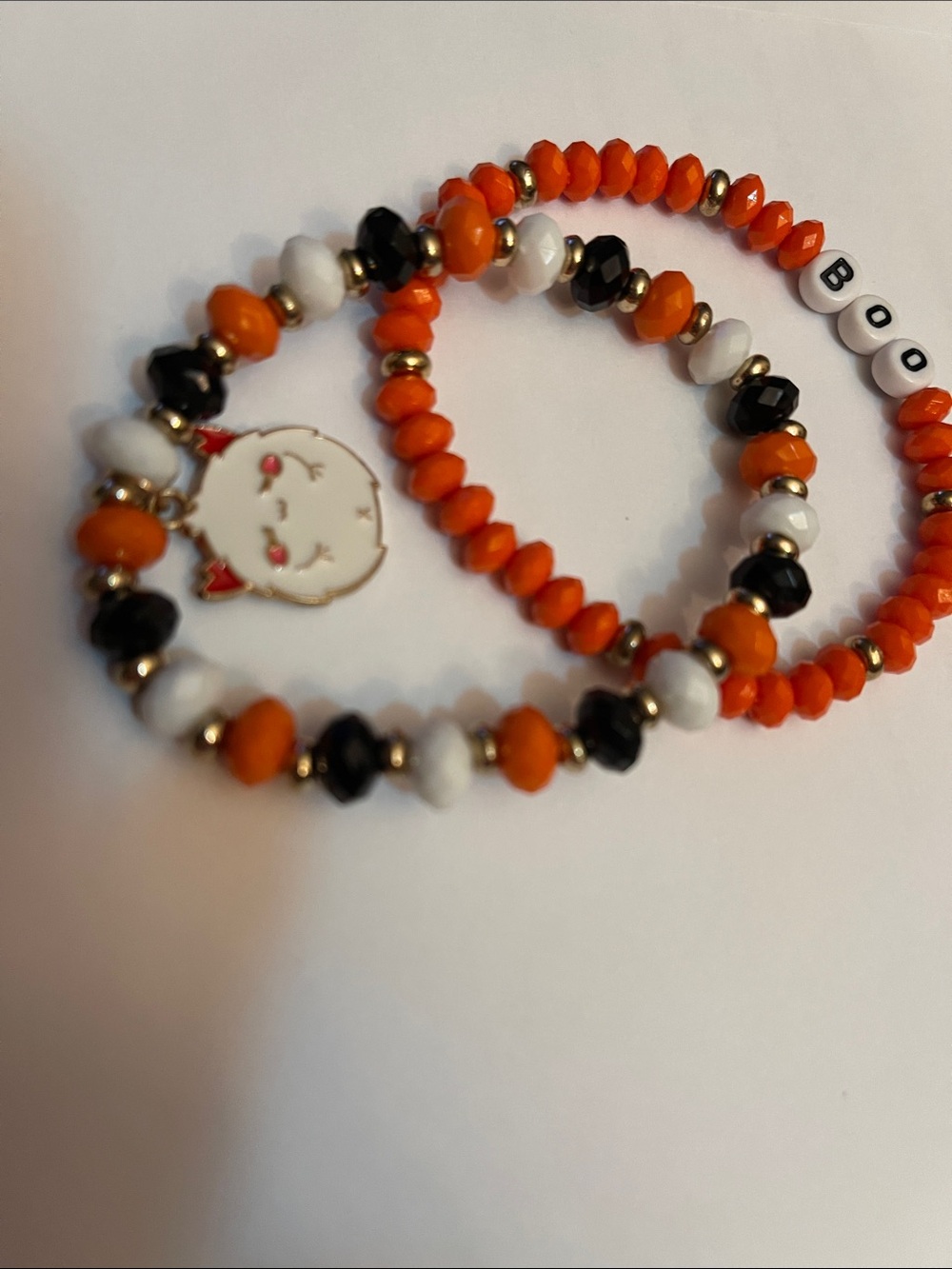 Kids Orange, Black & White Beaded Stretch Bracelet Trio with Cute Charm